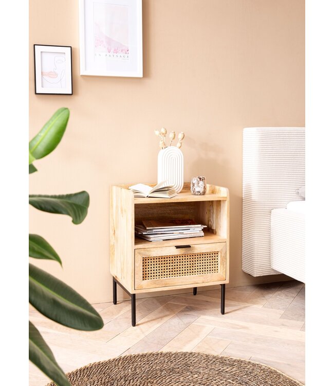 Wohnling nachtkastje mango massief hout / rotan 50x60x40 cm nachtkastje bruin | Nachtkastje boxspringbed met lade Weens geweven | Nachtkastje met opbergruimte en metalen frame
