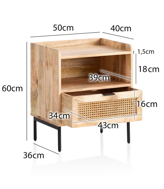 Wohnling nachtkastje mango massief hout / rotan 50x60x40 cm nachtkastje bruin | Nachtkastje boxspringbed met lade Weens geweven | Nachtkastje met opbergruimte en metalen frame