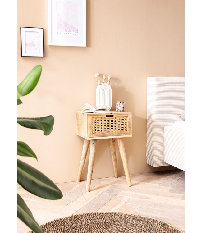 Wohnling nachtkastje mango massief hout / rotan 40x60x30 cm nachtkastje bruin | Nachtkastje boxspringbed met lade Weens geweven | Nachtkastje met opbergruimte