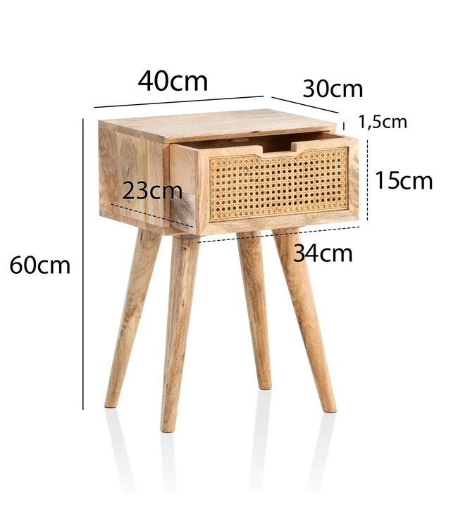 Wohnling nachtkastje mango massief hout / rotan 40x60x30 cm nachtkastje bruin | Nachtkastje boxspringbed met lade Weens geweven | Nachtkastje met opbergruimte