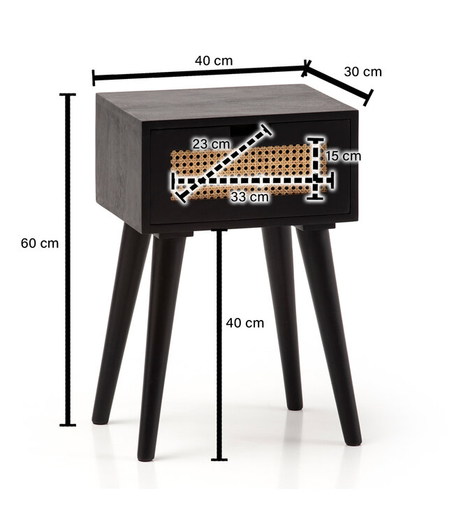 Wohnling nachtkastje mango massief hout / rotan 40x60x30 cm nachtkastje zwart | Nachtkastje boxspringbed met lade Weens geweven | Nachtkastje met opbergruimte