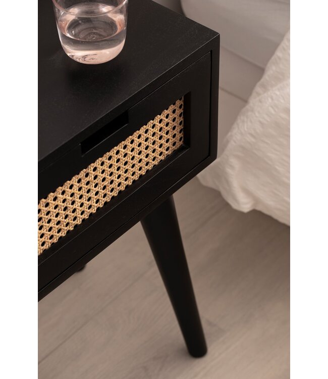 Wohnling nachtkastje mango massief hout / rotan 40x60x30 cm nachtkastje zwart | Nachtkastje boxspringbed met lade Weens geweven | Nachtkastje met opbergruimte