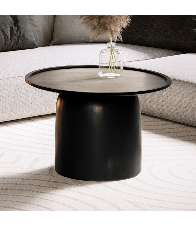 Wohnling Salontafel 60x60x40 cm Mango massief hout zwarte salontafel rond | Design woonkamertafel met opstaande rand | Salontafel woonkamer modern met trommelonderstel
