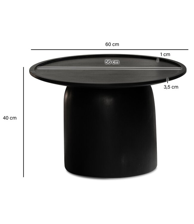 Wohnling Salontafel 60x60x40 cm Mango massief hout zwarte salontafel rond | Design woonkamertafel met opstaande rand | Salontafel woonkamer modern met trommelonderstel