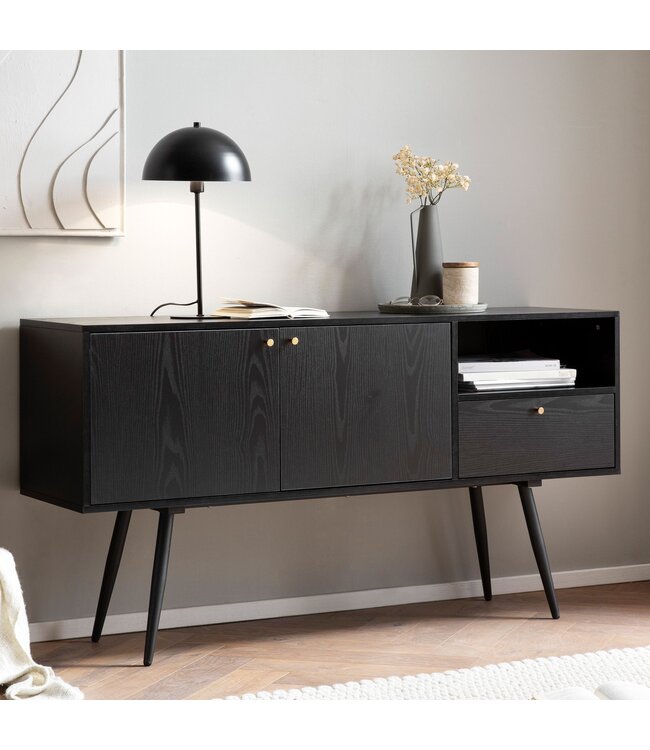 Wohnling dressoir 140x75x40 cm ladekast zwart met eiken decor tijdloos, hoge ladekast, staande kast woonkamer met 2 deuren en lade, dressoir met open vak
