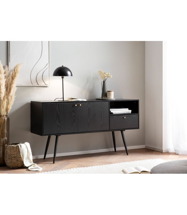 Wohnling dressoir 140x75x40 cm ladekast zwart met eiken decor tijdloos, hoge ladekast, staande kast woonkamer met 2 deuren en lade, dressoir met open vak