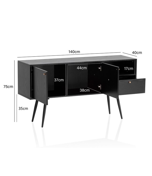 Wohnling dressoir 140x75x40 cm ladekast zwart met eiken decor tijdloos, hoge ladekast, staande kast woonkamer met 2 deuren en lade, dressoir met open vak