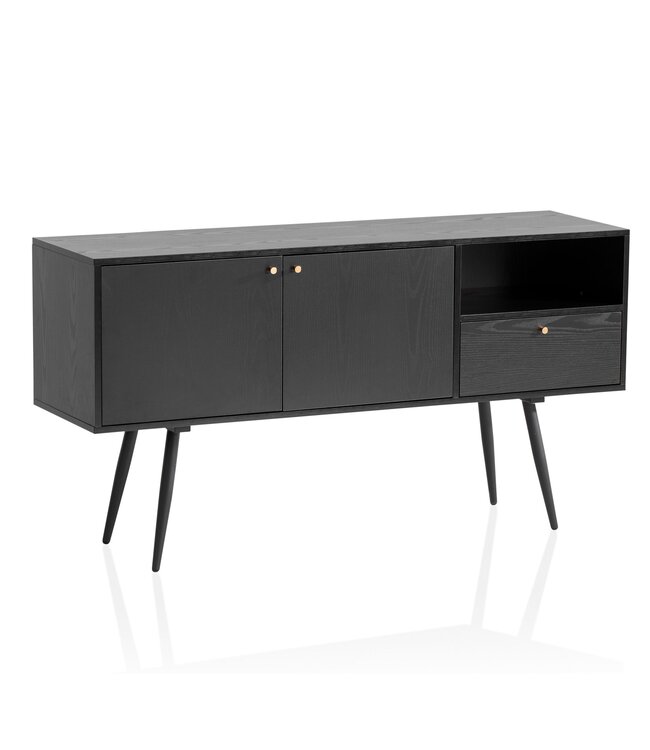 Wohnling dressoir 140x75x40 cm ladekast zwart met eiken decor tijdloos, hoge ladekast, staande kast woonkamer met 2 deuren en lade, dressoir met open vak