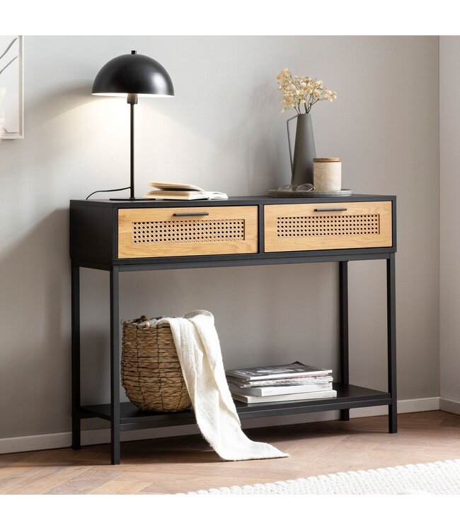 Wohnling consoletafel zwart 100x30x75 cm design dressoir hal, smalle opbergtafel met Weens vlechtwerk, haltafel met laden en plank, haltafel lang hoog rotan