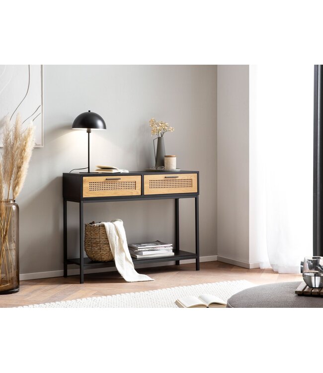 Wohnling consoletafel zwart 100x30x75 cm design dressoir hal, smalle opbergtafel met Weens vlechtwerk, haltafel met laden en plank, haltafel lang hoog rotan