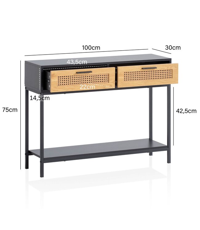 Wohnling consoletafel zwart 100x30x75 cm design dressoir hal, smalle opbergtafel met Weens vlechtwerk, haltafel met laden en plank, haltafel lang hoog rotan
