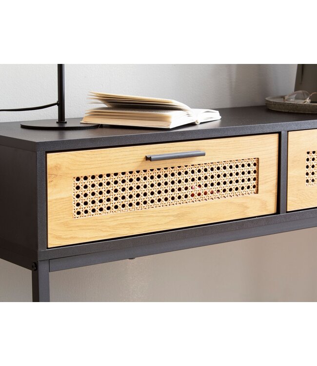 Wohnling consoletafel zwart 100x30x75 cm design dressoir hal, smalle opbergtafel met Weens vlechtwerk, haltafel met laden en plank, haltafel lang hoog rotan