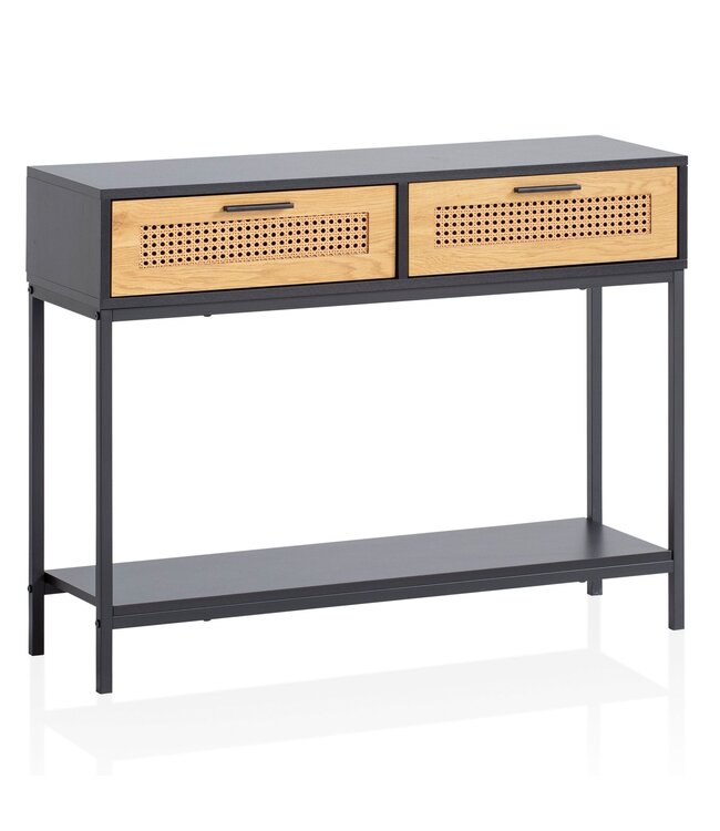 Wohnling consoletafel zwart 100x30x75 cm design dressoir hal, smalle opbergtafel met Weens vlechtwerk, haltafel met laden en plank, haltafel lang hoog rotan