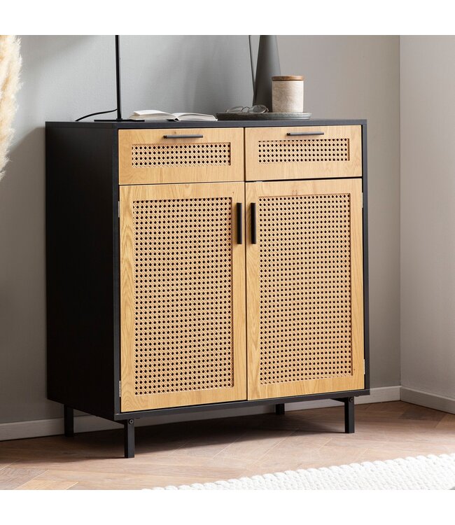 Wohnling dressoir 80x86,5x40 cm ladekast zwart met Weens vlechtwerk, hoge ladekast tijdloos, staande kast woonkamer met 2 deuren en lades, dressoir rotan