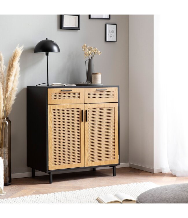 Wohnling dressoir 80x86,5x40 cm ladekast zwart met Weens vlechtwerk, hoge ladekast tijdloos, staande kast woonkamer met 2 deuren en lades, dressoir rotan