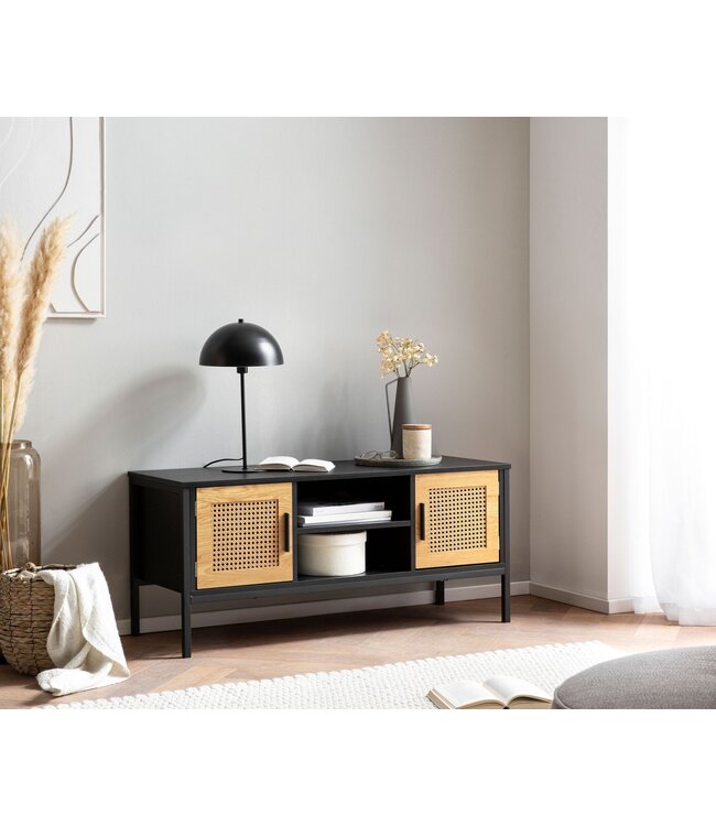 Wohnling Lowboard Zwart/Eiken met Weens vlechtwerk 110x48x40 cm TV-meubel Tijdloos, design TV-kast hoog, TV-tafel TV-kast met deuren, TV-kast woonkamer rotan