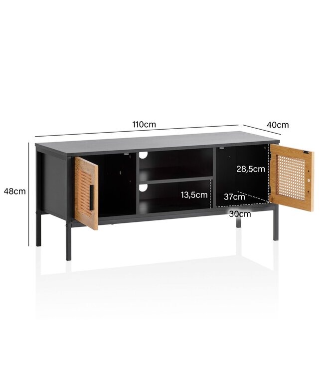Wohnling Lowboard Zwart/Eiken met Weens vlechtwerk 110x48x40 cm TV-meubel Tijdloos, design TV-kast hoog, TV-tafel TV-kast met deuren, TV-kast woonkamer rotan