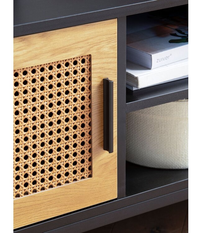 Wohnling Lowboard Zwart/Eiken met Weens vlechtwerk 110x48x40 cm TV-meubel Tijdloos, design TV-kast hoog, TV-tafel TV-kast met deuren, TV-kast woonkamer rotan