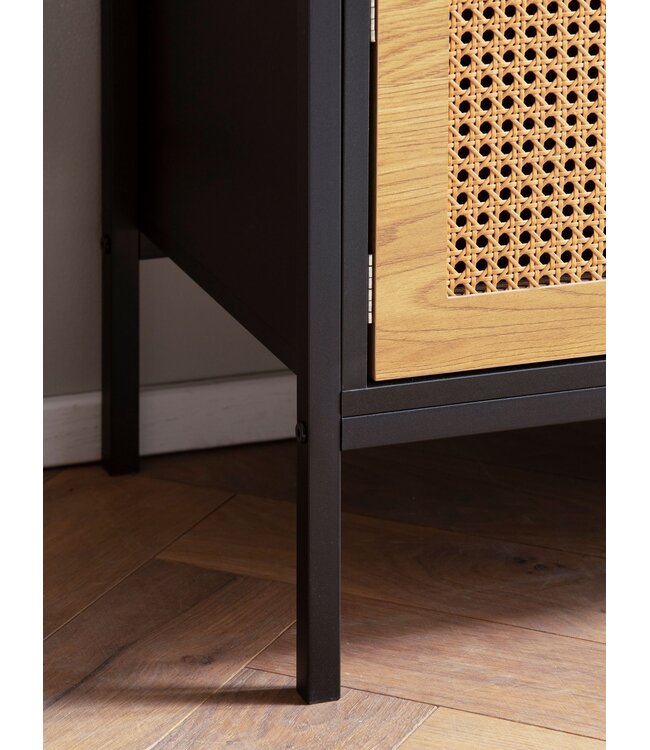 Wohnling Lowboard Zwart/Eiken met Weens vlechtwerk 110x48x40 cm TV-meubel Tijdloos, design TV-kast hoog, TV-tafel TV-kast met deuren, TV-kast woonkamer rotan