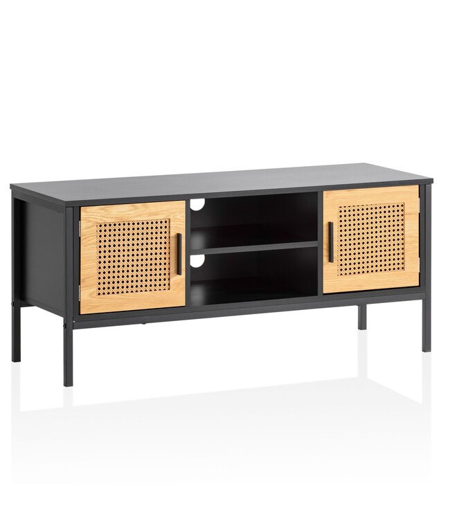Wohnling Lowboard Zwart/Eiken met Weens vlechtwerk 110x48x40 cm TV-meubel Tijdloos, design TV-kast hoog, TV-tafel TV-kast met deuren, TV-kast woonkamer rotan