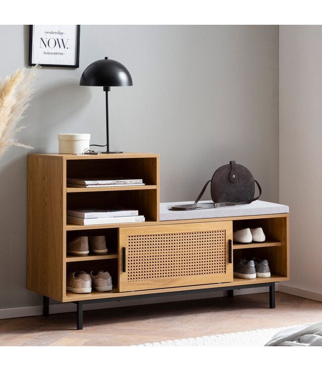 Wohnling schoenenbank met zitting 120x75,5x40 cm kapstokbank eiken decor, rotan bank klein gestoffeerd, smalle gangbank met opbergruimte, gangbank Weens vlechtwerk, gangmeubel met schuifdeur
