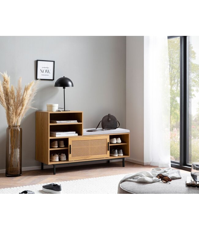 Wohnling schoenenbank met zitting 120x75,5x40 cm kapstokbank eiken decor, rotan bank klein gestoffeerd, smalle gangbank met opbergruimte, gangbank Weens vlechtwerk, gangmeubel met schuifdeur