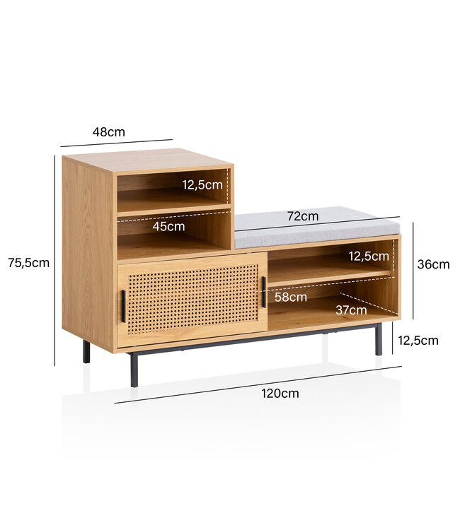 Wohnling schoenenbank met zitting 120x75,5x40 cm kapstokbank eiken decor, rotan bank klein gestoffeerd, smalle gangbank met opbergruimte, gangbank Weens vlechtwerk, gangmeubel met schuifdeur