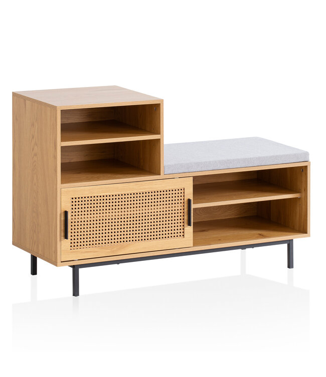 Wohnling schoenenbank met zitting 120x75,5x40 cm kapstokbank eiken decor, rotan bank klein gestoffeerd, smalle gangbank met opbergruimte, gangbank Weens vlechtwerk, gangmeubel met schuifdeur