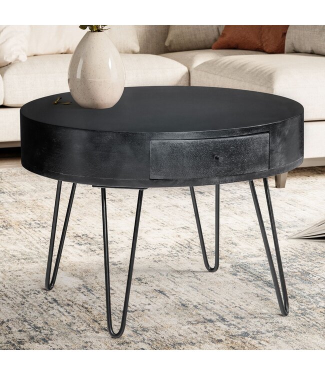 Wohnling salontafel 60x60x43 cm mango massief hout metalen salontafel, design woonkamertafel rond met lade, salontafel opbergruimte massief, kleine tafel woonkamer haarspeldpoten