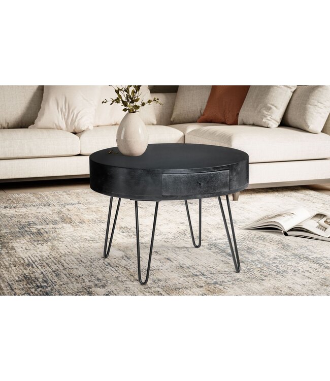 Wohnling salontafel 60x60x43 cm mango massief hout metalen salontafel, design woonkamertafel rond met lade, salontafel opbergruimte massief, kleine tafel woonkamer haarspeldpoten