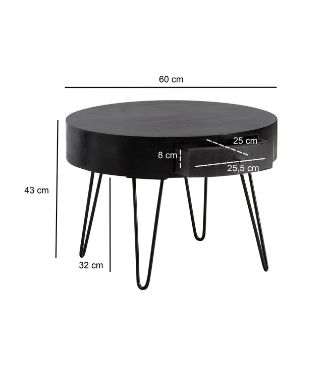 Wohnling salontafel 60x60x43 cm mango massief hout metalen salontafel, design woonkamertafel rond met lade, salontafel opbergruimte massief, kleine tafel woonkamer haarspeldpoten