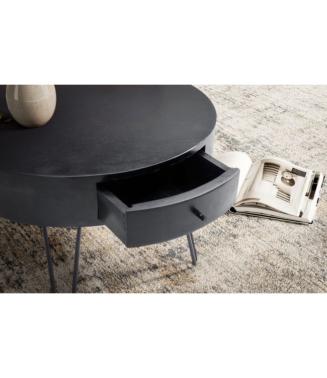 Wohnling salontafel 60x60x43 cm mango massief hout metalen salontafel, design woonkamertafel rond met lade, salontafel opbergruimte massief, kleine tafel woonkamer haarspeldpoten