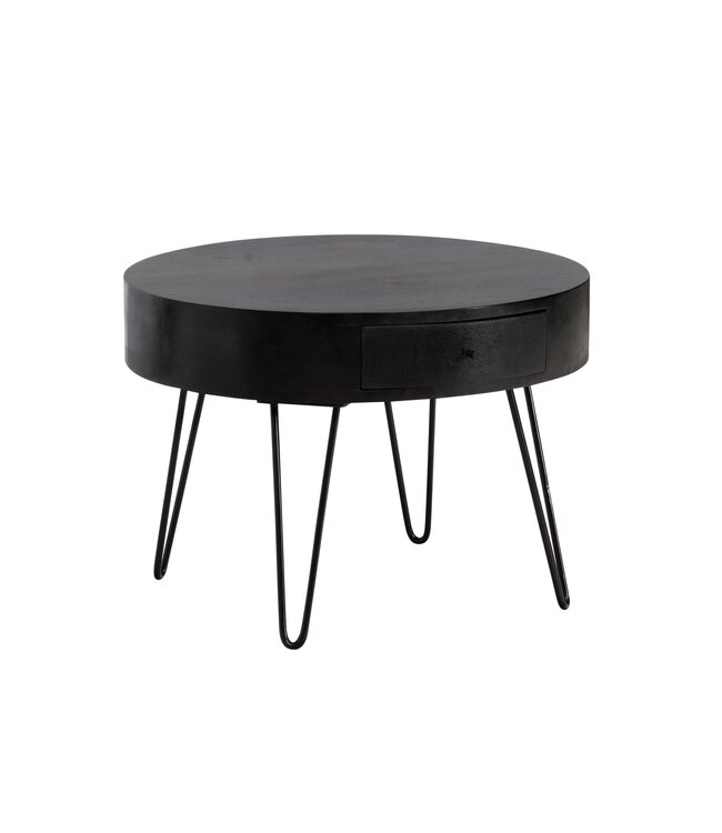Wohnling salontafel 60x60x43 cm mango massief hout metalen salontafel, design woonkamertafel rond met lade, salontafel opbergruimte massief, kleine tafel woonkamer haarspeldpoten