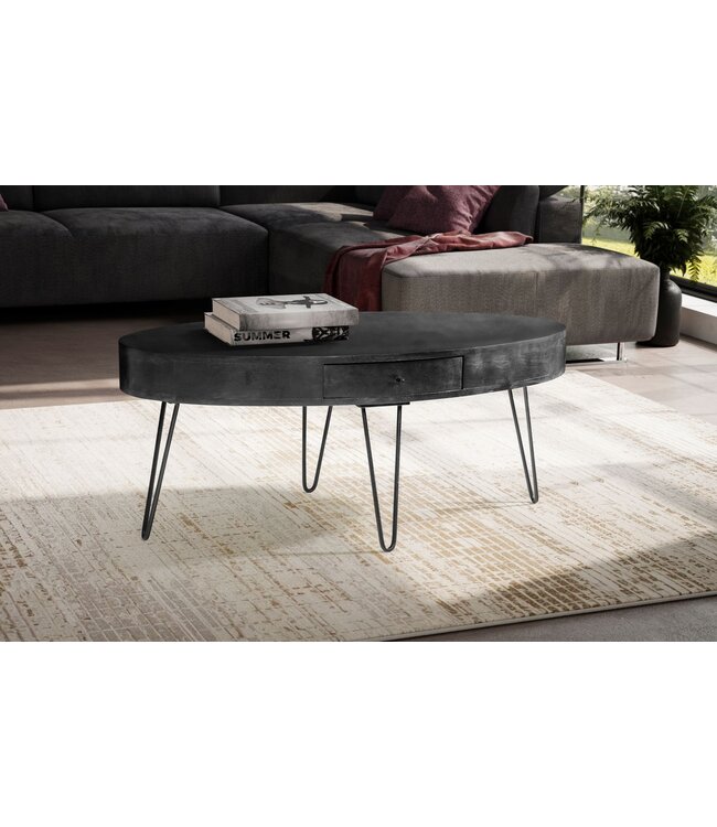 Wohnling salontafel 100x50x40 cm mango massief hout metalen salontafel, design woonkamertafel ovaal met lade, salontafel opbergruimte massief, grote tafel woonkamer haarspeldpoten