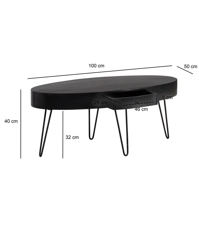 Wohnling salontafel 100x50x40 cm mango massief hout metalen salontafel, design woonkamertafel ovaal met lade, salontafel opbergruimte massief, grote tafel woonkamer haarspeldpoten