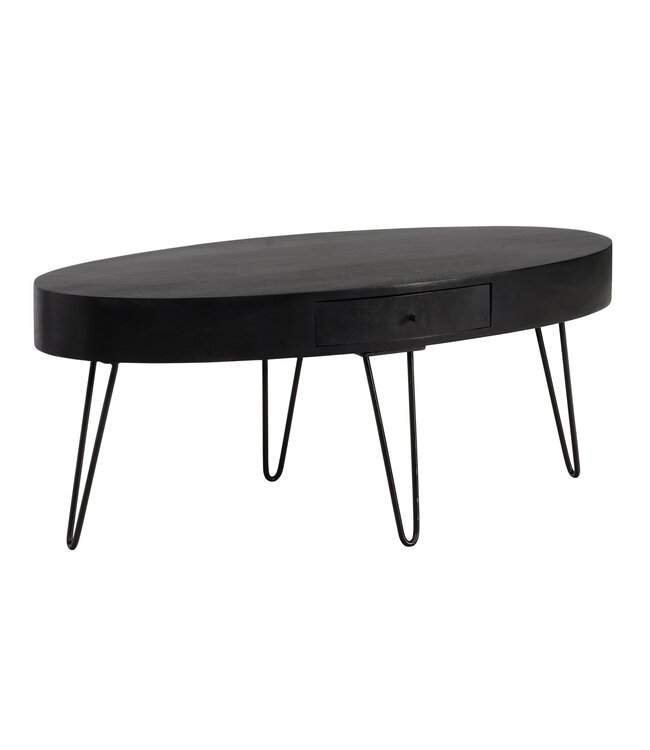 Wohnling salontafel 100x50x40 cm mango massief hout metalen salontafel, design woonkamertafel ovaal met lade, salontafel opbergruimte massief, grote tafel woonkamer haarspeldpoten