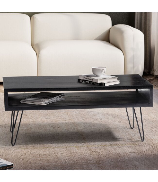 Wohnling salontafel 100x50x40 cm mango massief hout metalen salontafel, design woonkamertafel rechthoekig met opbergruimte, massieve salontafel, grote tafel woonkamer met haarspeldpoten
