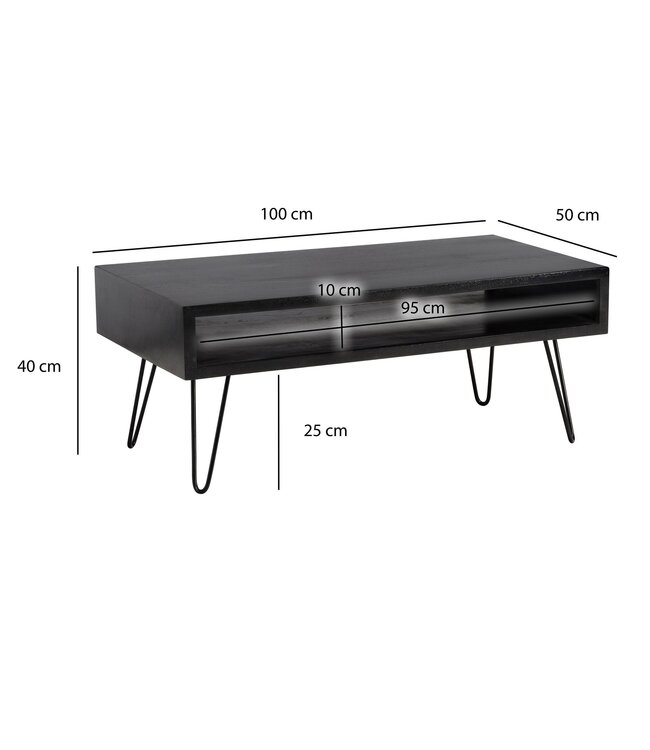 Wohnling salontafel 100x50x40 cm mango massief hout metalen salontafel, design woonkamertafel rechthoekig met opbergruimte, massieve salontafel, grote tafel woonkamer met haarspeldpoten
