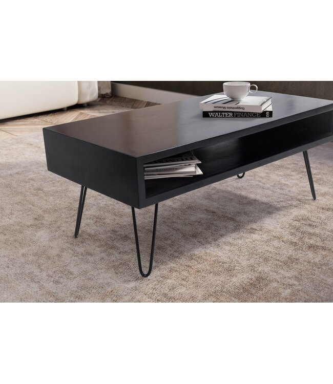 Wohnling salontafel 100x50x40 cm mango massief hout metalen salontafel, design woonkamertafel rechthoekig met opbergruimte, massieve salontafel, grote tafel woonkamer met haarspeldpoten