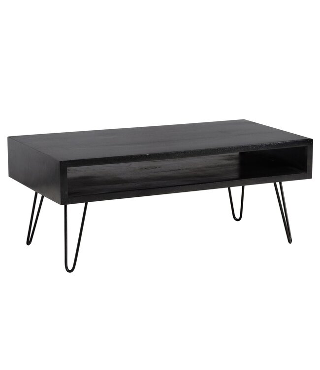 Wohnling salontafel 100x50x40 cm mango massief hout metalen salontafel, design woonkamertafel rechthoekig met opbergruimte, massieve salontafel, grote tafel woonkamer met haarspeldpoten