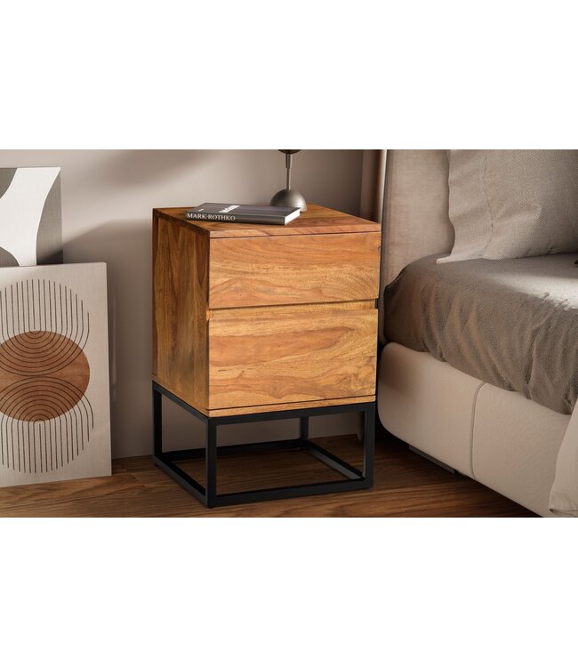 Wohnling nachtkastje Sheesham massief hout metaal 40x38x60 cm nachtkastje boxspringbed, design nachtconsole met 2 lades, industrieel nachtkastje met opbergruimte