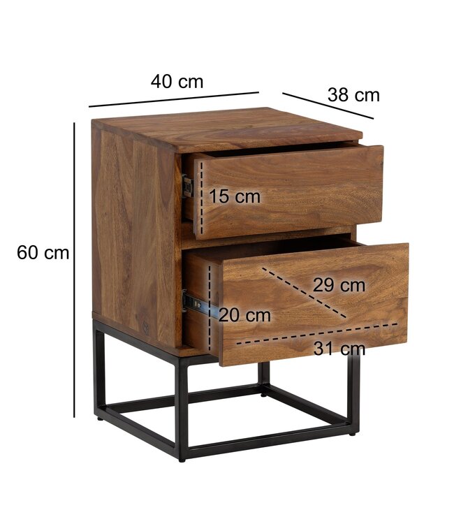 Wohnling nachtkastje Sheesham massief hout metaal 40x38x60 cm nachtkastje boxspringbed, design nachtconsole met 2 lades, industrieel nachtkastje met opbergruimte