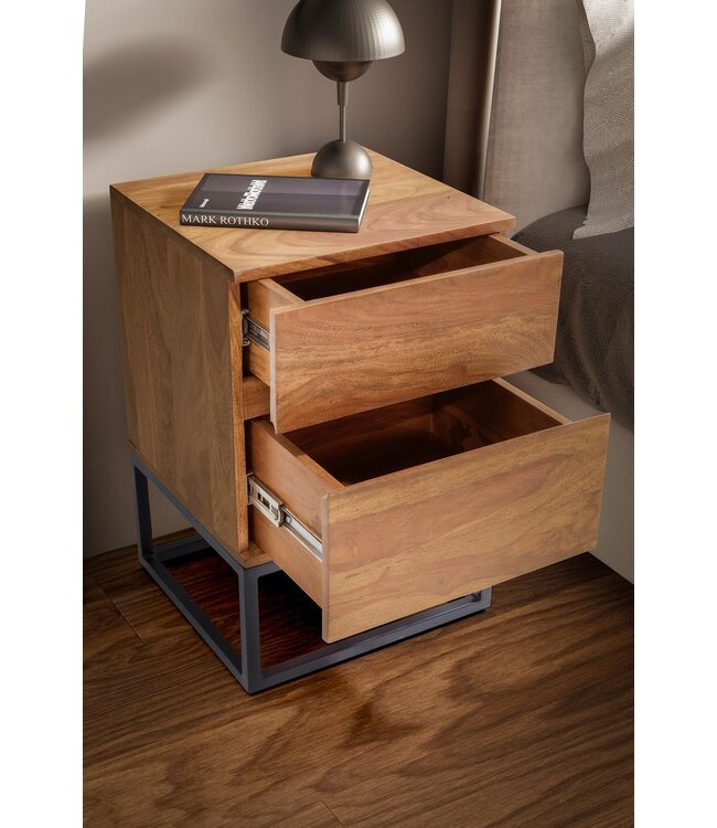 Wohnling nachtkastje Sheesham massief hout metaal 40x38x60 cm nachtkastje boxspringbed, design nachtconsole met 2 lades, industrieel nachtkastje met opbergruimte