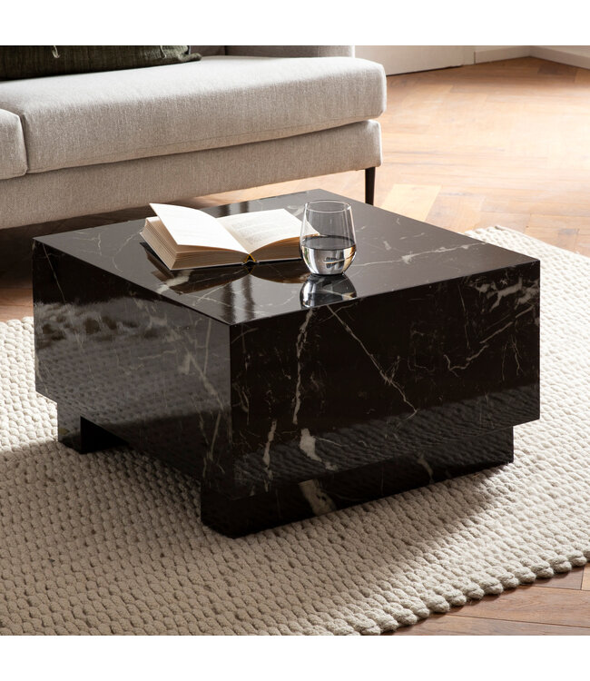 Wohnling salontafel MONOBLOC 60x60x35 cm zwart hoogglans met marmerlook, woonkamertafel kubus vierkant, design salontafel, lounge salontafel kubusvorm