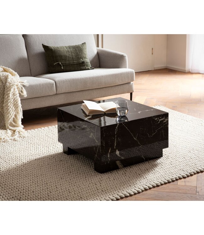Wohnling salontafel MONOBLOC 60x60x35 cm zwart hoogglans met marmerlook, woonkamertafel kubus vierkant, design salontafel, lounge salontafel kubusvorm