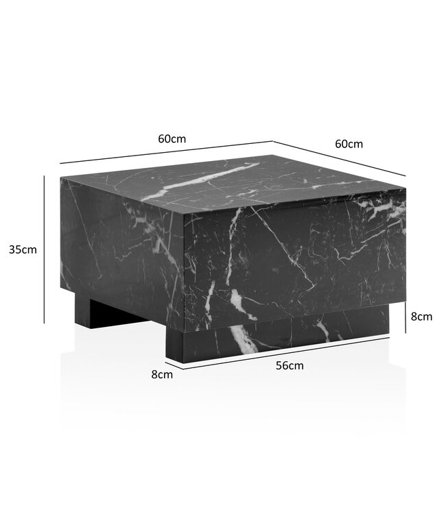 Wohnling salontafel MONOBLOC 60x60x35 cm zwart hoogglans met marmerlook, woonkamertafel kubus vierkant, design salontafel, lounge salontafel kubusvorm