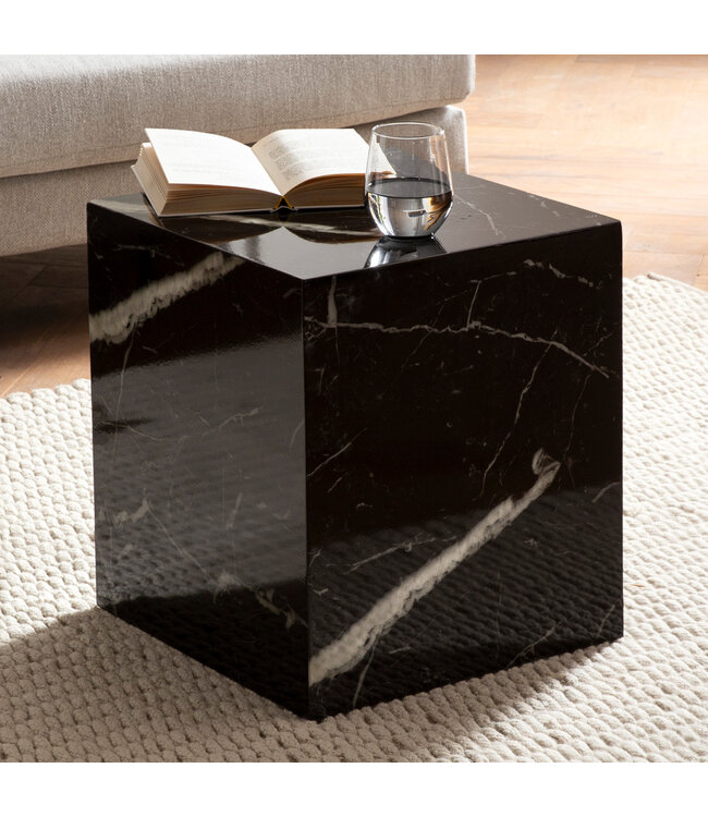Wohnling salontafel MONOBLOC 40x40x45 cm zwart hoogglans met marmerlook, woonkamertafel kubus vierkant, design salontafel, lounge bijzettafel kubusvorm