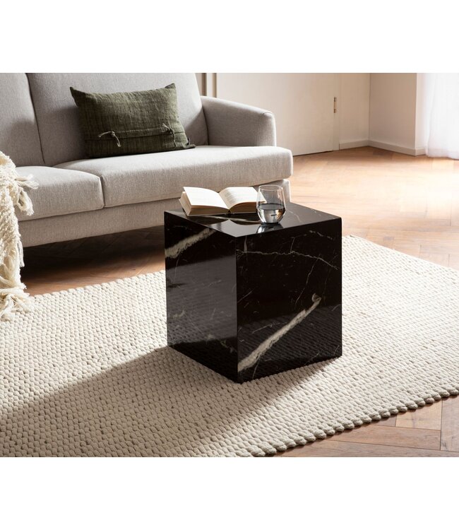 Wohnling salontafel MONOBLOC 40x40x45 cm zwart hoogglans met marmerlook, woonkamertafel kubus vierkant, design salontafel, lounge bijzettafel kubusvorm