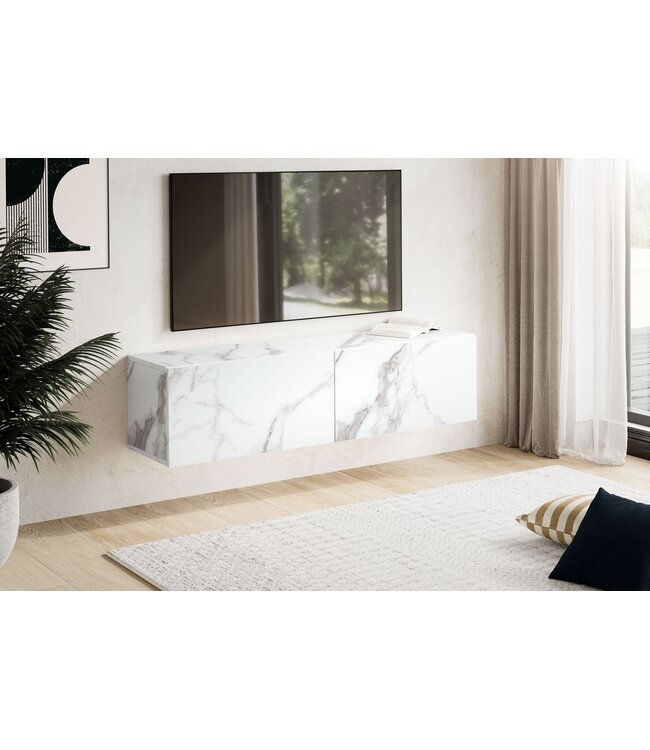 Wohnling Lowboard hangend marmerlook wit 120x30x30 cm tv-meubel, design tv-tafel met vouwdeuren modern, tv-kastwand, tv-ladekast tv-ladekast om op te hangen