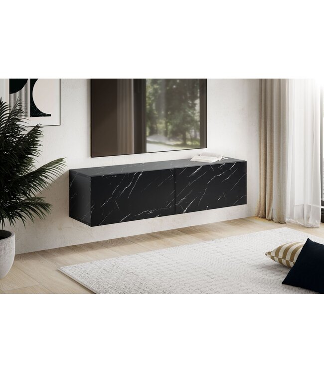 Wohnling Lowboard hangend marmerlook zwart 120x30x30 cm tv-meubel, design tv-tafel met vouwdeuren modern, tv-kastwand, tv-ladekast tv-ladekast om op te hangen